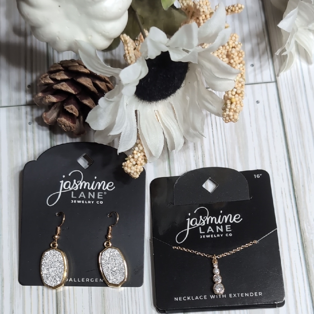 JASMINE LANE Gold and Silver Necklace & Earrings Jewelry Set Hypoallergenic NEW!